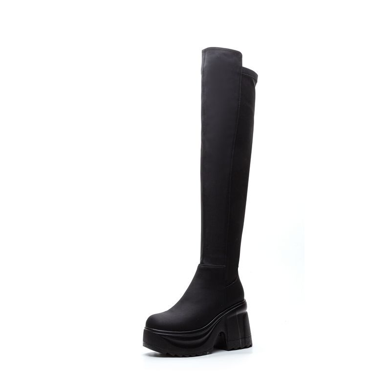 Women Formal Wear Heels - レディースニーハイ厚底ワイドヒールブーツ本革ブラックラウンドトゥラバーソール終日快適カジュアルフォーマルウェア