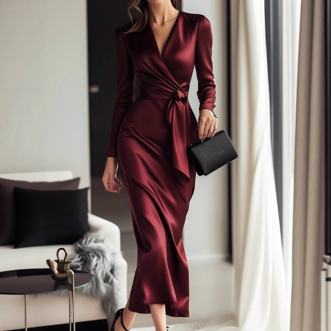 Women Formal Wear Trends - 秋の新作サテンロングスリーブドレス - Vネックウエストタイエレガントガウン、レディースフォーマルイブニングウェア