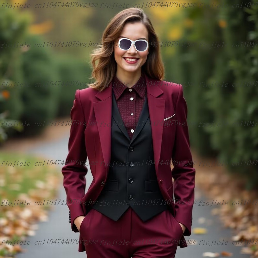 Blazer Set Women Formal - バーガンディとブラックのフォーマルビジネススーツ、結婚式、パーティー、プロム、レディース、母親、女の子、タキシードコスチューム、3ピースセット、ブレザー、ベスト、パンツ