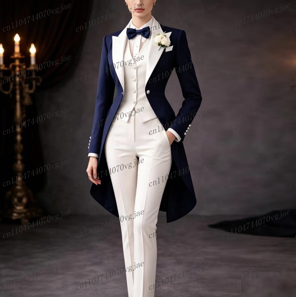 Blazer Set Women Formal - ネイビーブルーと白のロング丈レディーススーツ、フォーマルビジネス、結婚式、パーティー、プロム、女性、母親、女の子向けタキシード、3ピースセット（ブレザー、ベスト、パンツ）