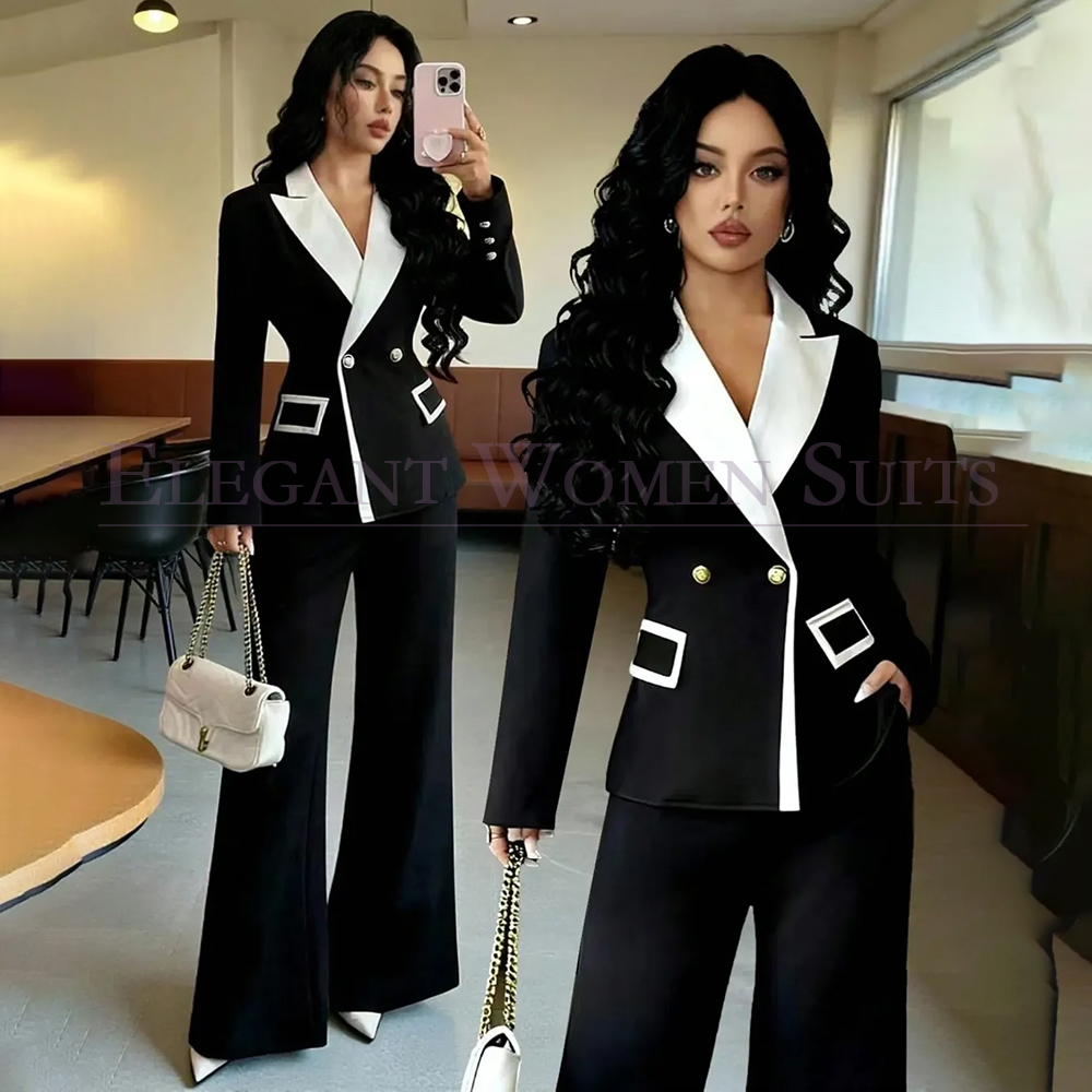 Blazer Set Women Formal - 高級ブラックレディーススーツ2ピースジャケットパンツセットオーダーメイドオフィスレディブレザーダブルブレストホワイトピークドラペルアウター