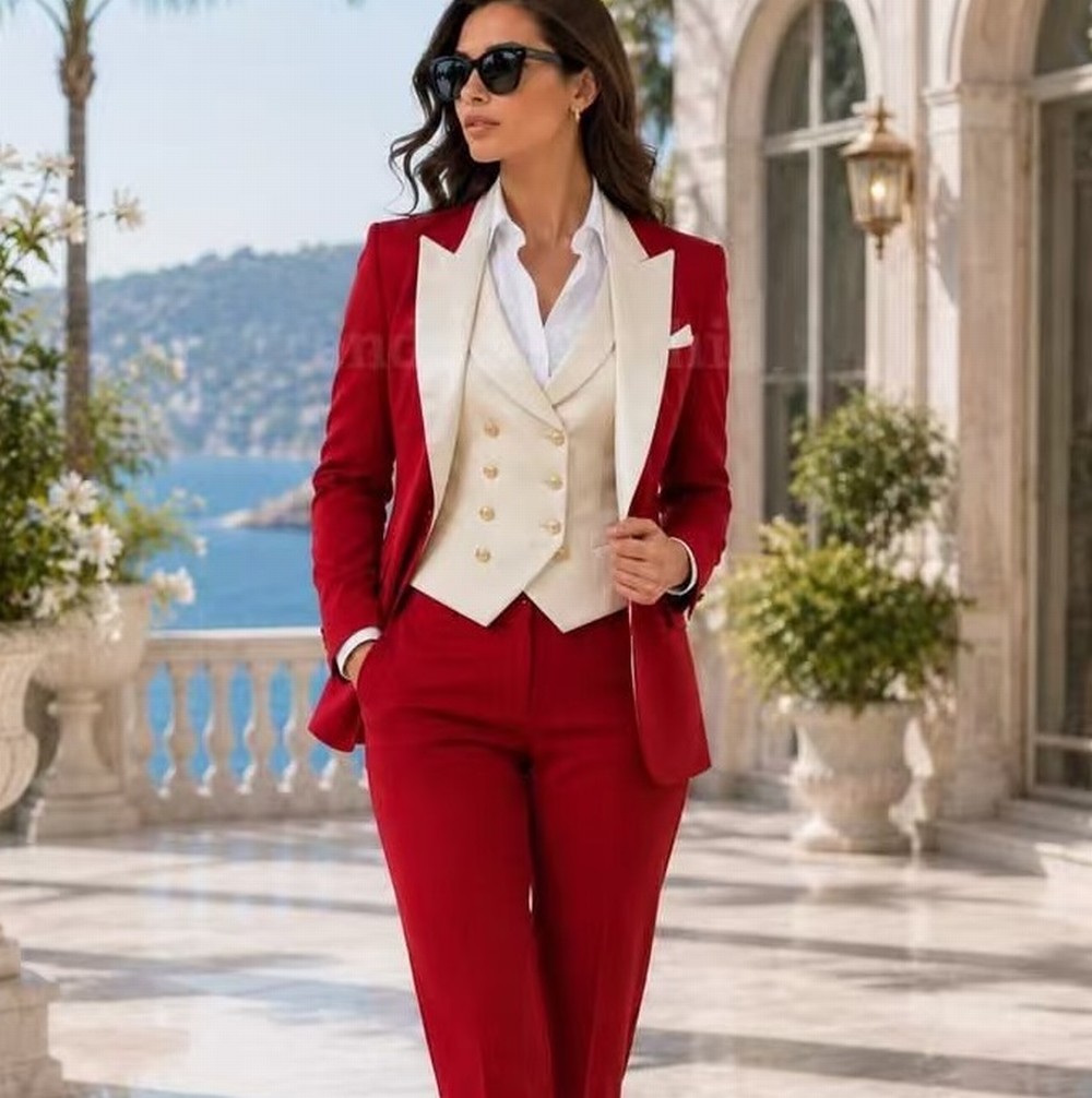 Blazer Set Women Formal - アイボリーとレッドのフォーマルビジネスレディーススーツ、ウェディングパーティー、プロム、母親、娘用タキシードコスチューム、3ピースセット（ブレザー、ベスト、パンツ）