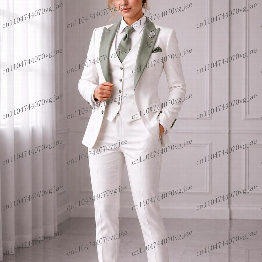 Blazer Set Women Formal - ミントグリーンの襟付きホワイトフォーマルビジネススーツ、女性用ウェディングパーティー、プロム、レディース、マザー、ガール、タキシード、3ピースセット、ブレザー、ベスト、パンツ