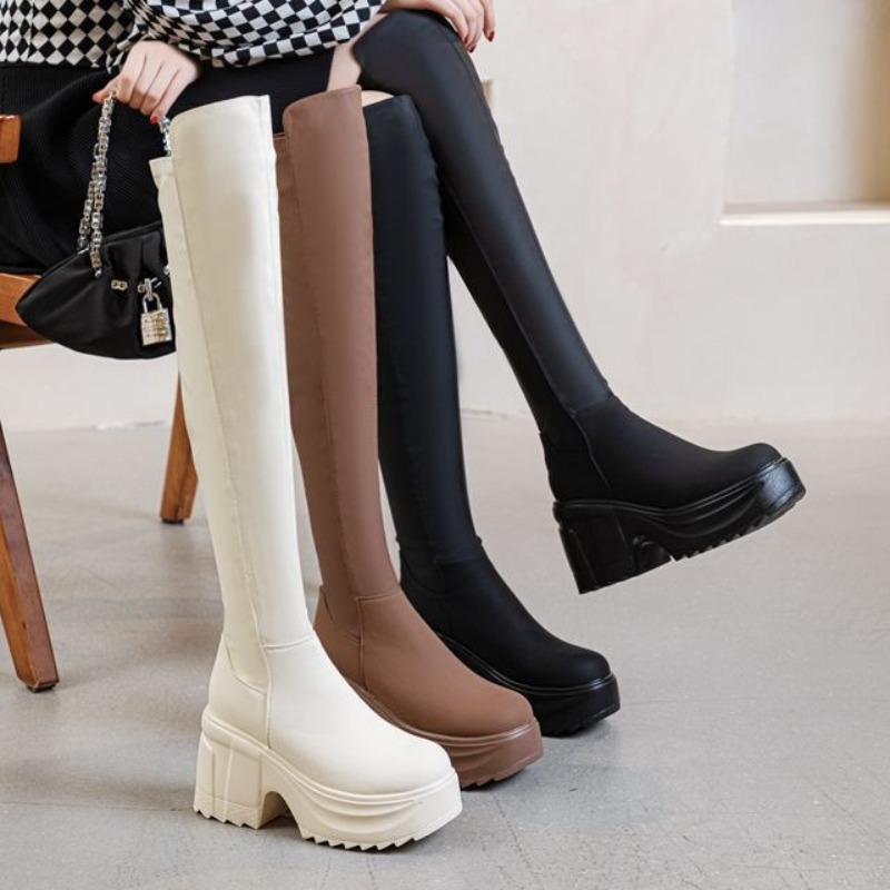 レディースニーハイ厚底ワイドヒールブーツ本革ブラックラウンド - Women Formal Wear Heels のレビューと価格