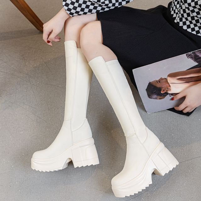 レディースニーハイ厚底ワイドヒールブーツ本革ブラックラウンド - Women Formal Wear Heels のレビューと価格