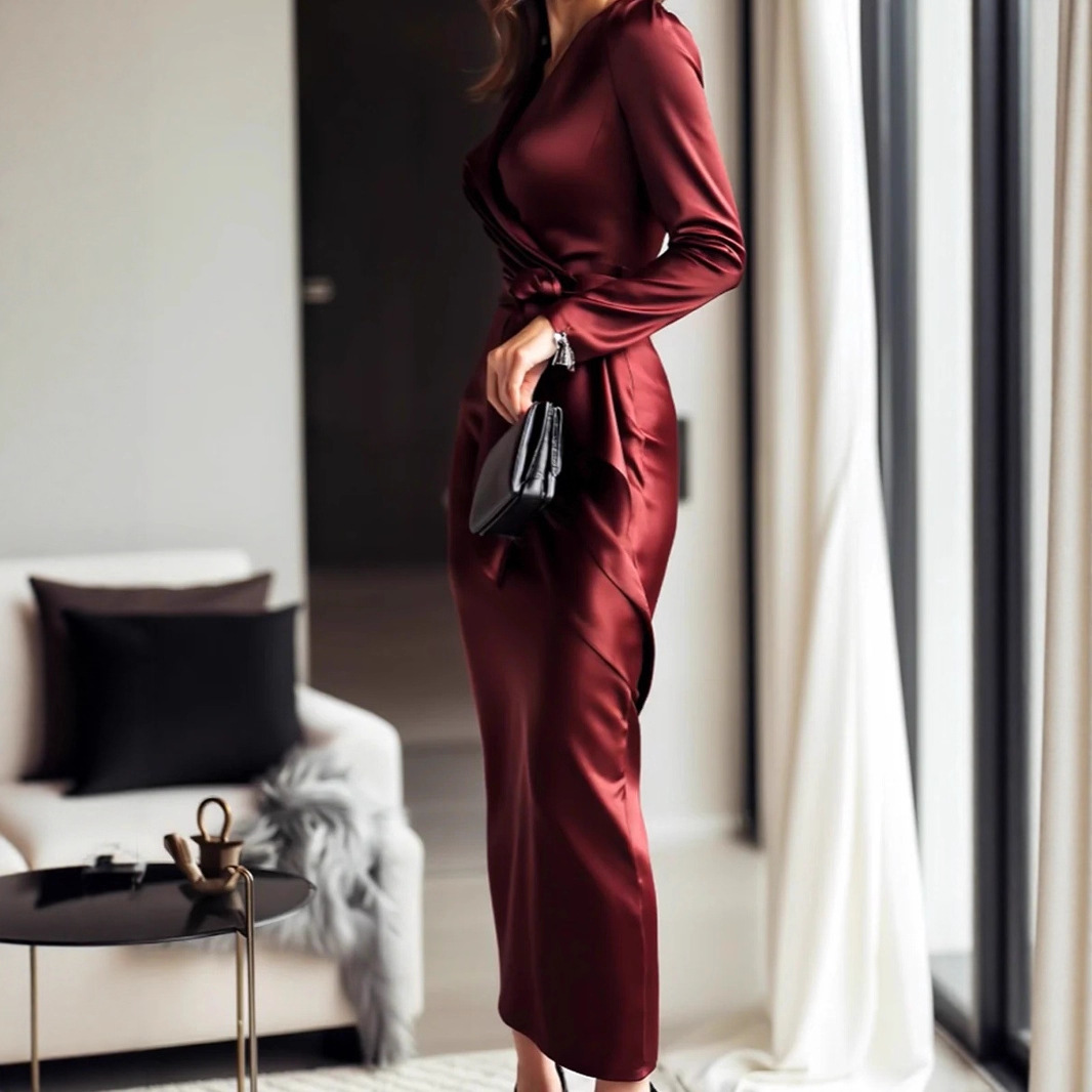 秋の新作サテンロングスリーブドレス - Vネックウエストタイ - Women Formal Wear Trends のレビューと価格