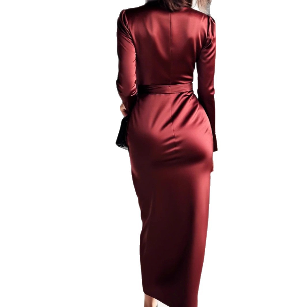 秋の新作サテンロングスリーブドレス - Vネックウエストタイ - Women Formal Wear Trends のレビューと価格