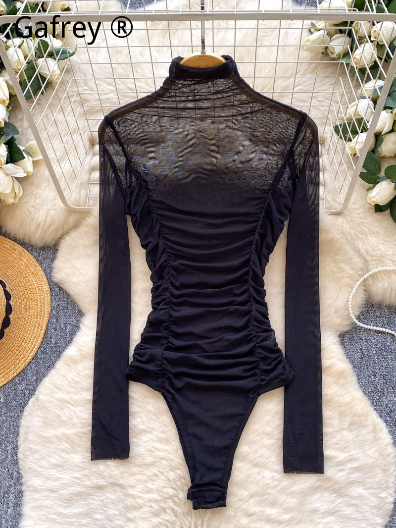 セクシーなグレーメッシュのルーシュドボディスーツ レディース - Turtleneck Bodysuit Office のレビューと価格