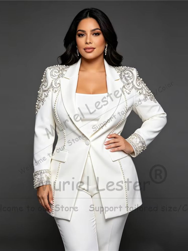 手作りの女性用スーツまたはウェディングクリスタルビーズジャケ - Blazer Set Women Formal のレビューと価格